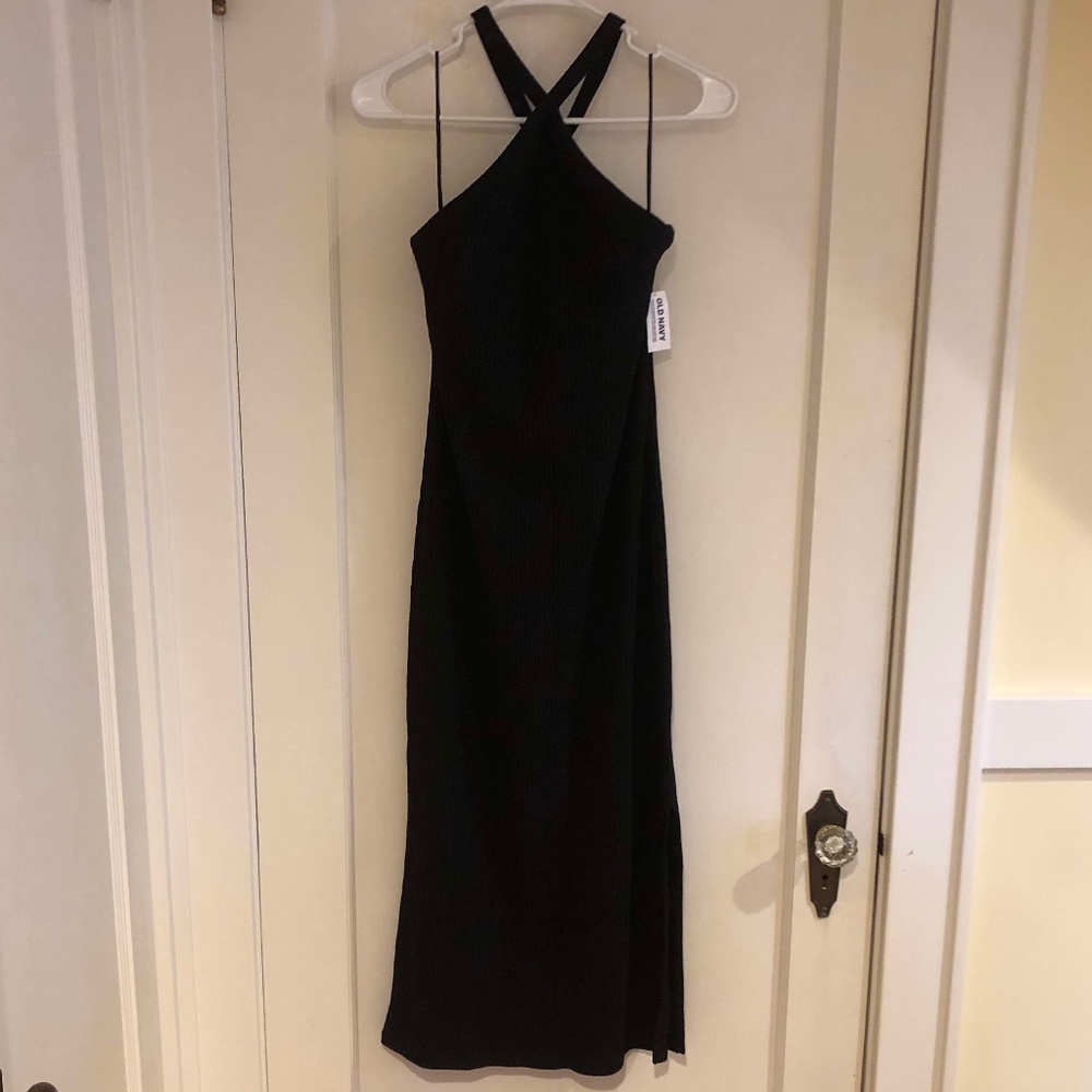 Old Navy black ribbed knit halter dress, size L NWT